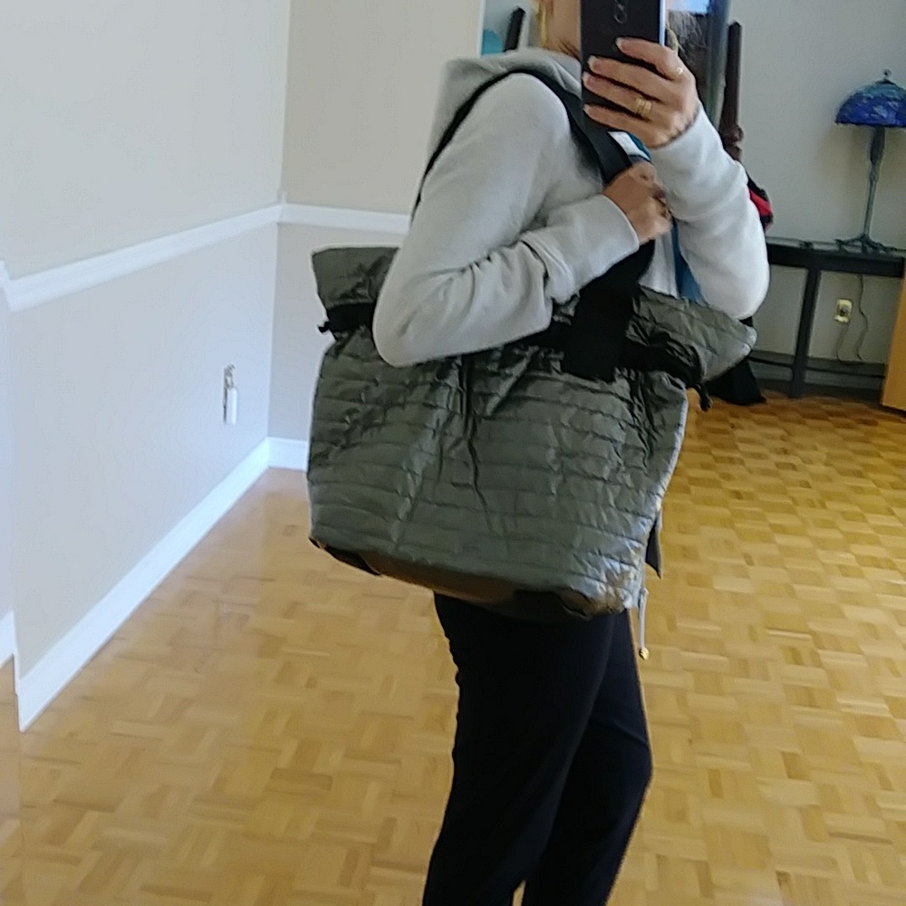 Kooba silver metallic puffer puffy quilted shoulder Travel Tote bag